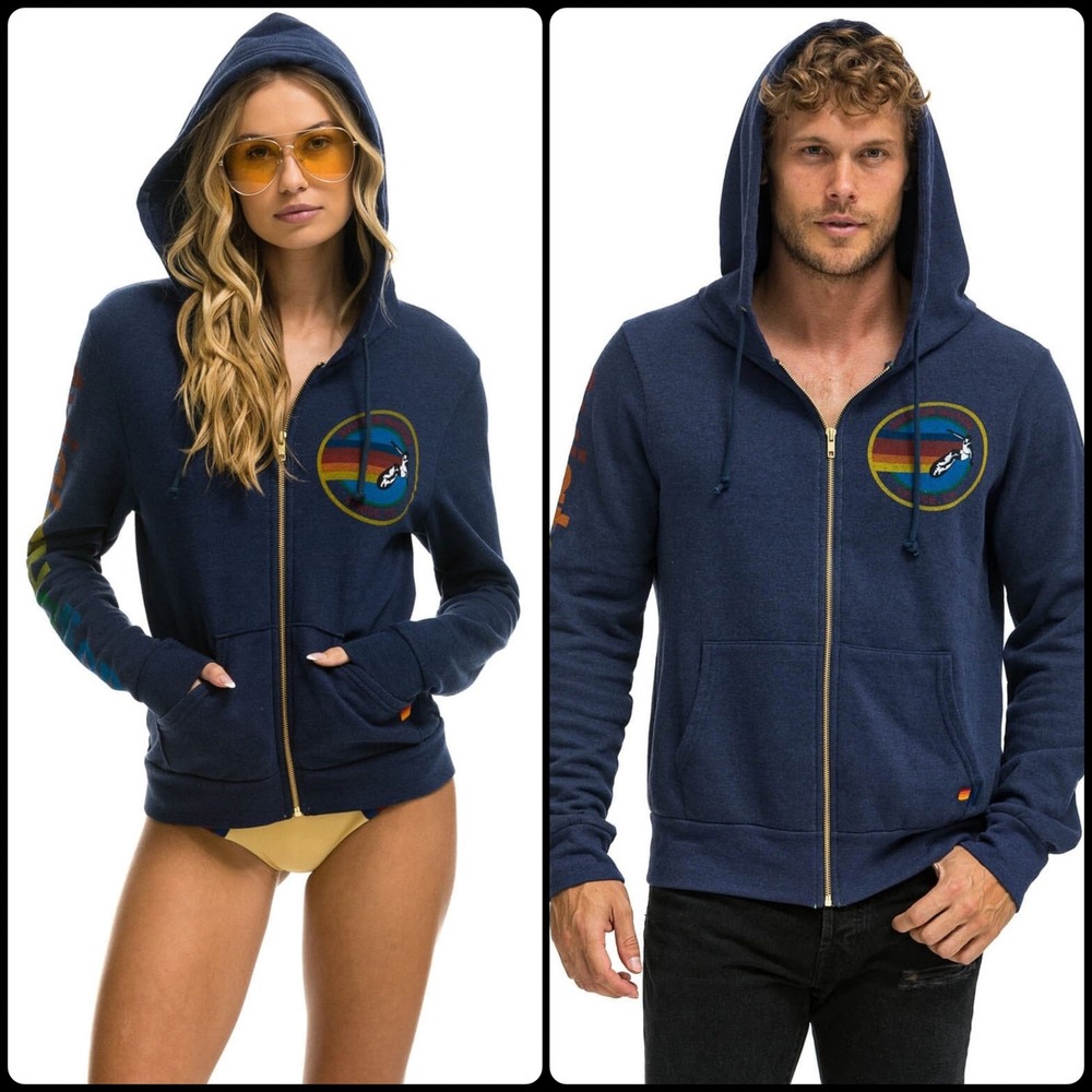 Aviator Nation Venice CA Rainbow Logo Zip Hoodie Navy Surf Skate Unisex XL